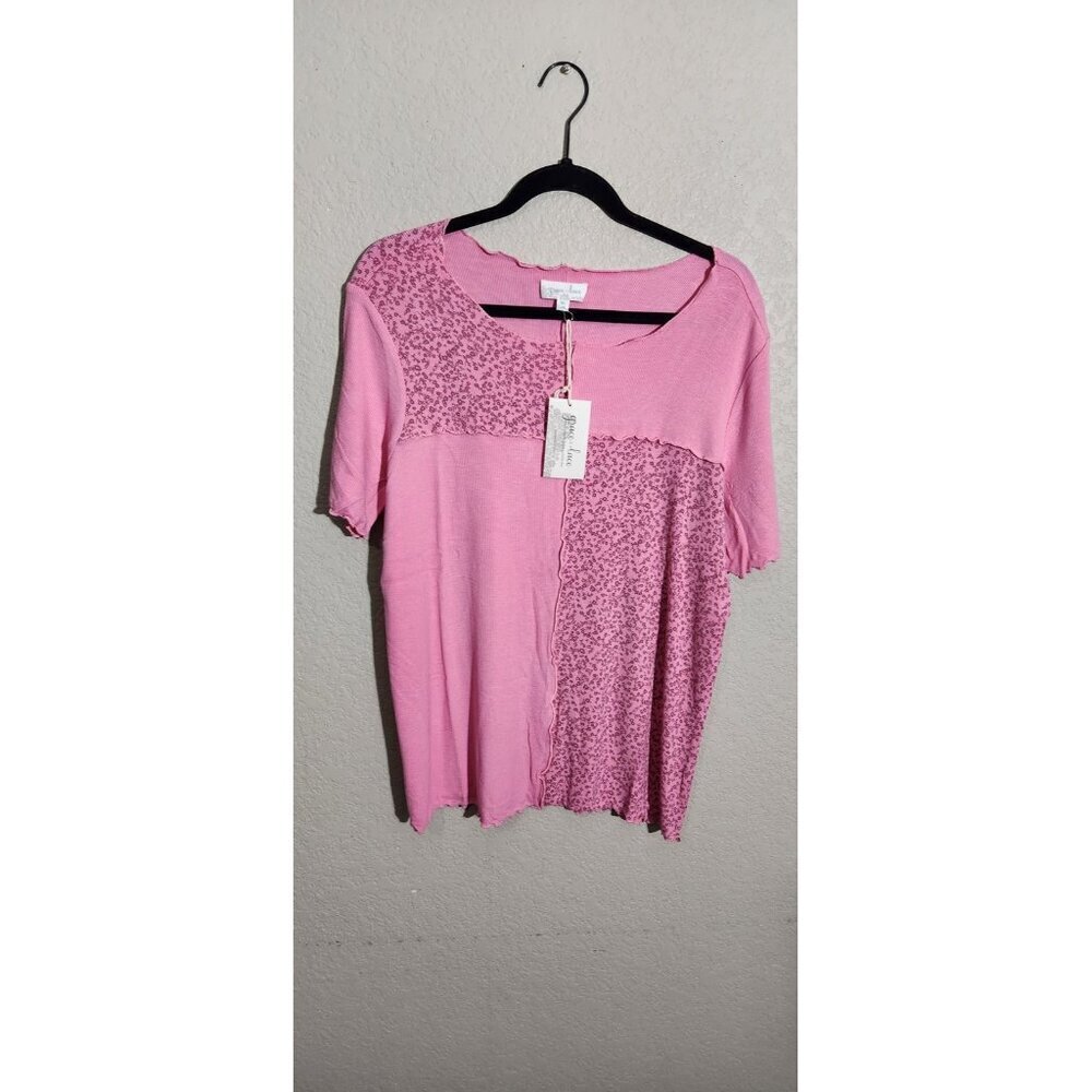 Grace & Lace Shirt Womens XL Pink Floral Patchwork Stretch Top New Lightweight